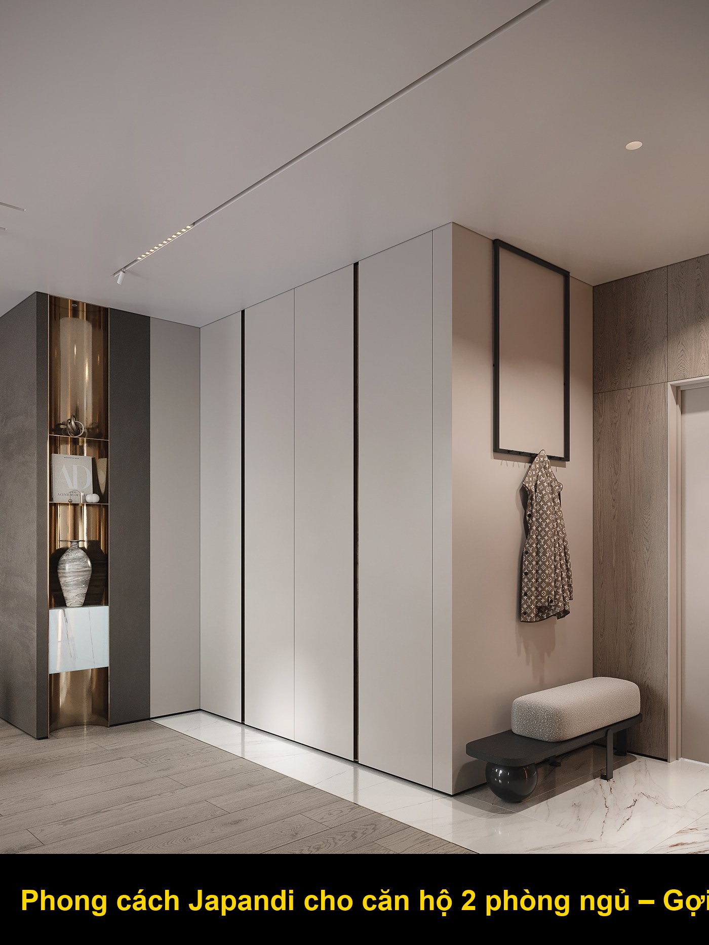 Một phòng ngủ tối giản với gam màu trắng, xám, ít đồ đạc