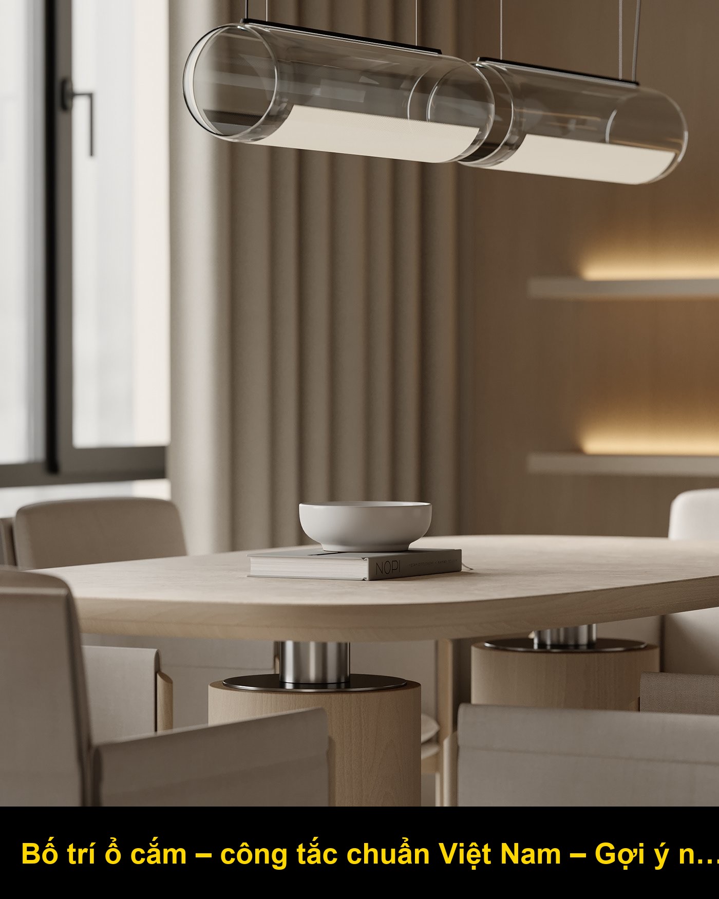 Một phòng ngủ hiện đại với giường bọc nệm, tủ quần áo âm tường