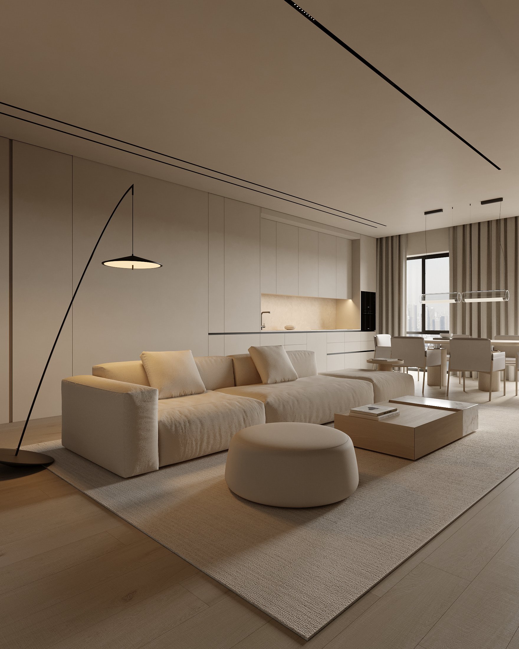 Phòng khách với nội thất hiện đại, sofa chữ L, bàn trà tối giản